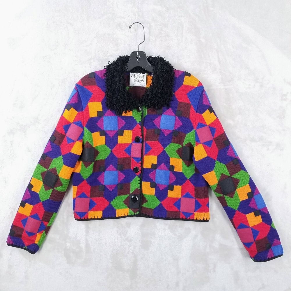 Vtg Michael Simon Cardigan Sweater PM Colorful Geometric Patches Frill Collar‎